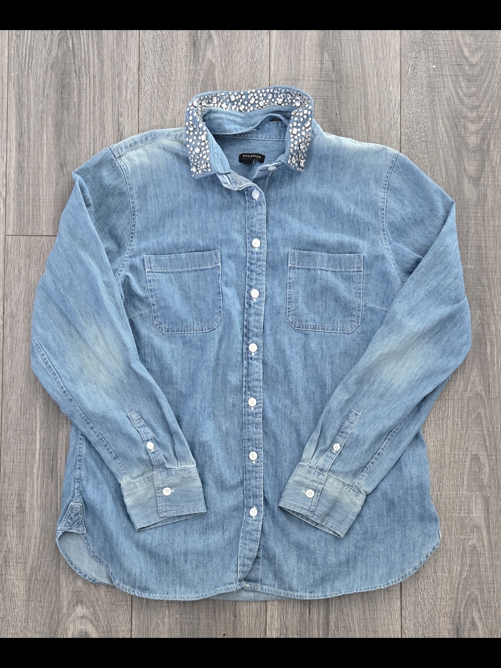 Talbots Womens Size 12 Chambray Denim Button Front Shirt Removable Collar. # 329